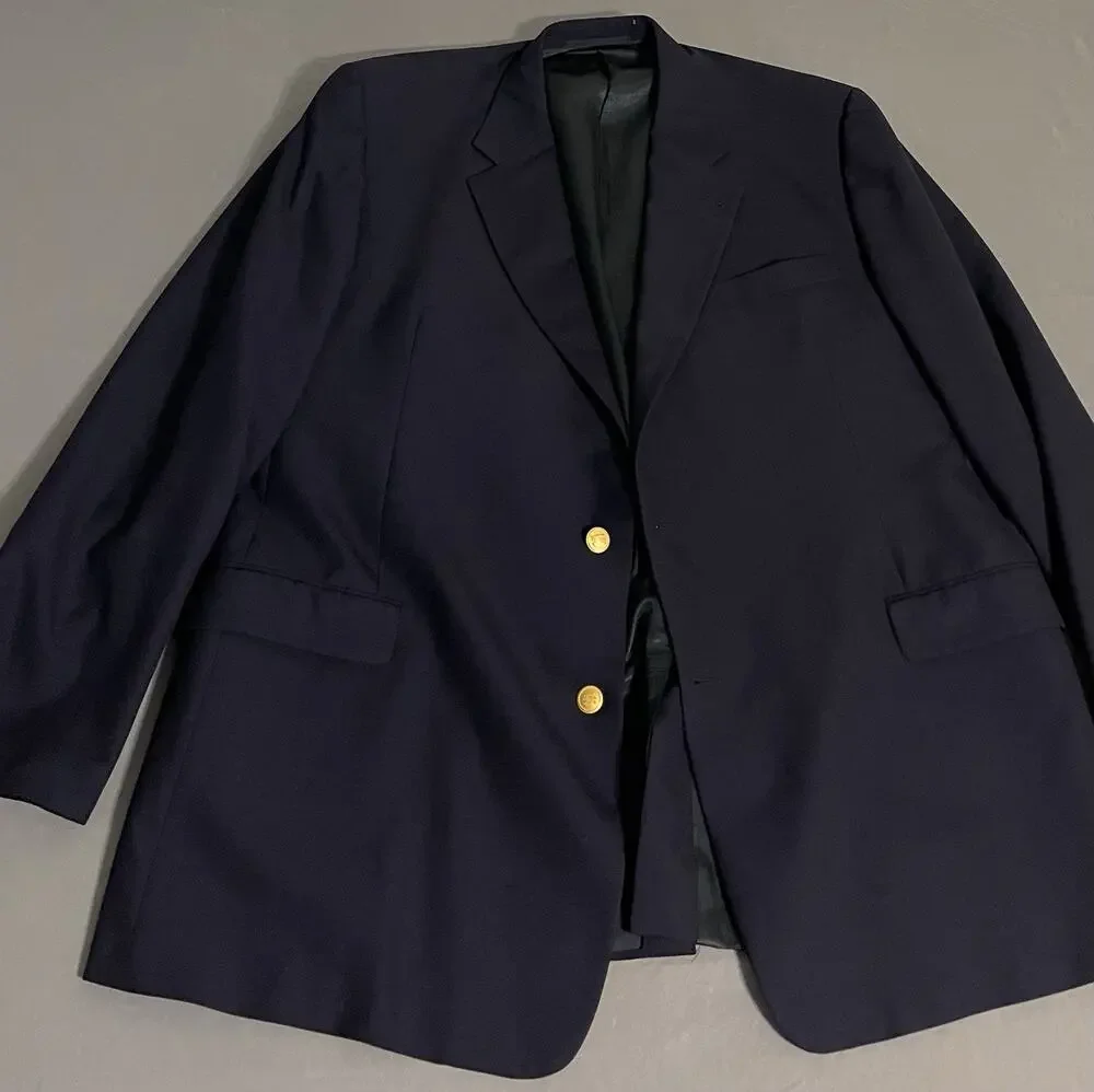 Burberry Black Wool Blazer Size 50 Gold Horse Buttons 26” Pit 34” Long